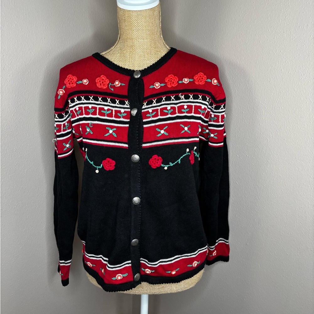 Vtg Willow Ridge Black Red Floral Button Knit Cardigan Crotched Flowers Sz SP